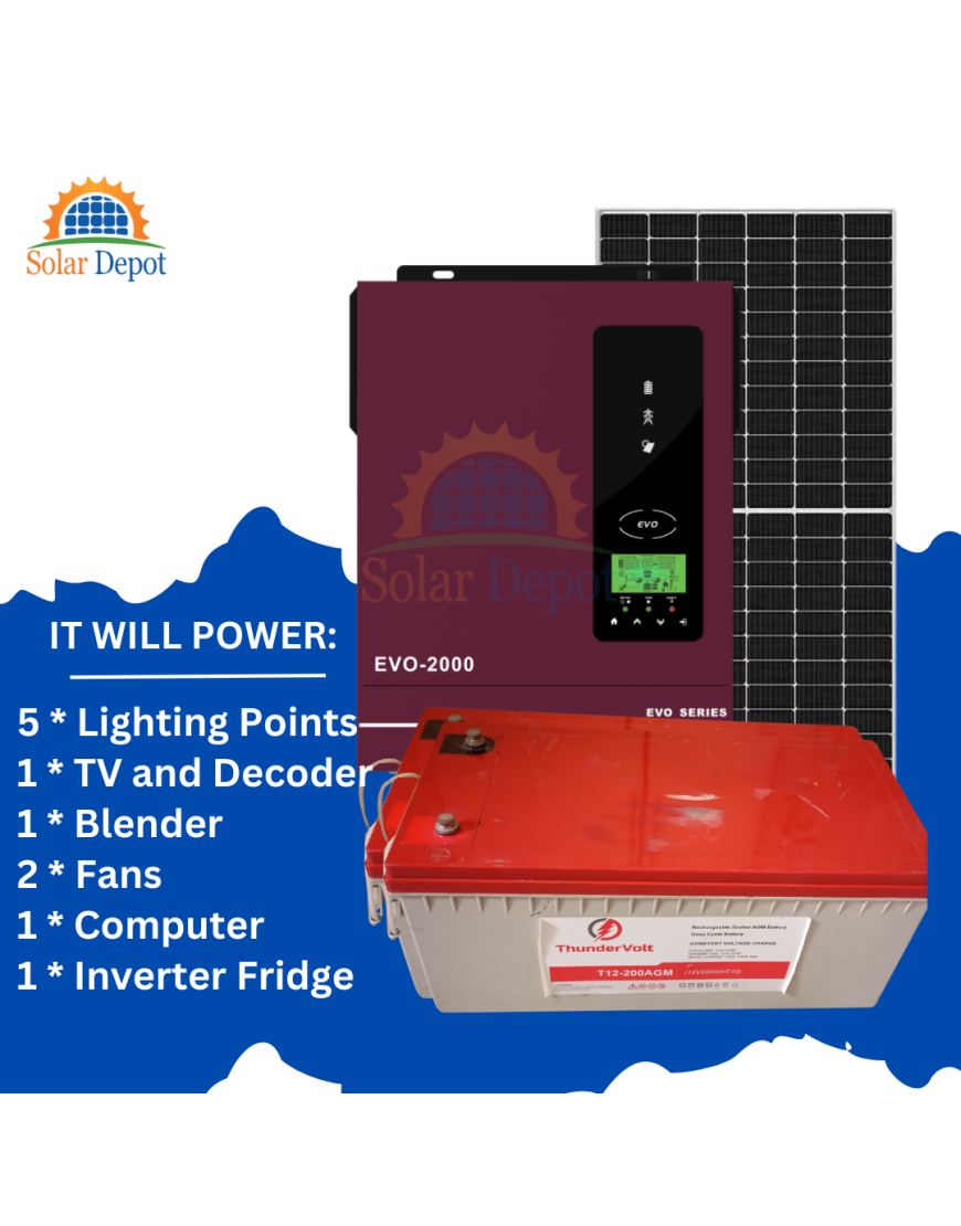 -------- HomeLite Package --------  2kVA Inverter  2 x 200Ah AGM Battery  2 x 555W Solar Panel  Roof Rack  Thunder Arrestor  Cables 